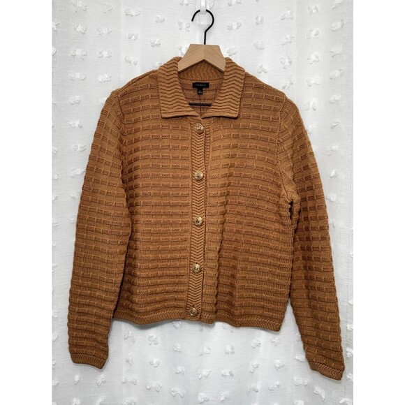 Talbots Textured Polo Cardigan NWT $129 color  CAFE Size Large - Picture 2 of 6
